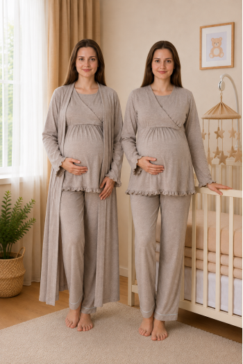 Effortt 4044 Bej Gizli Emzirme Özellikli Sabahlıklı Lohusa Pijama Takımı Effortt 4044 Bej Gizli Emzirme Özellikli Sabahlıklı Lohusa Pijama Takımı